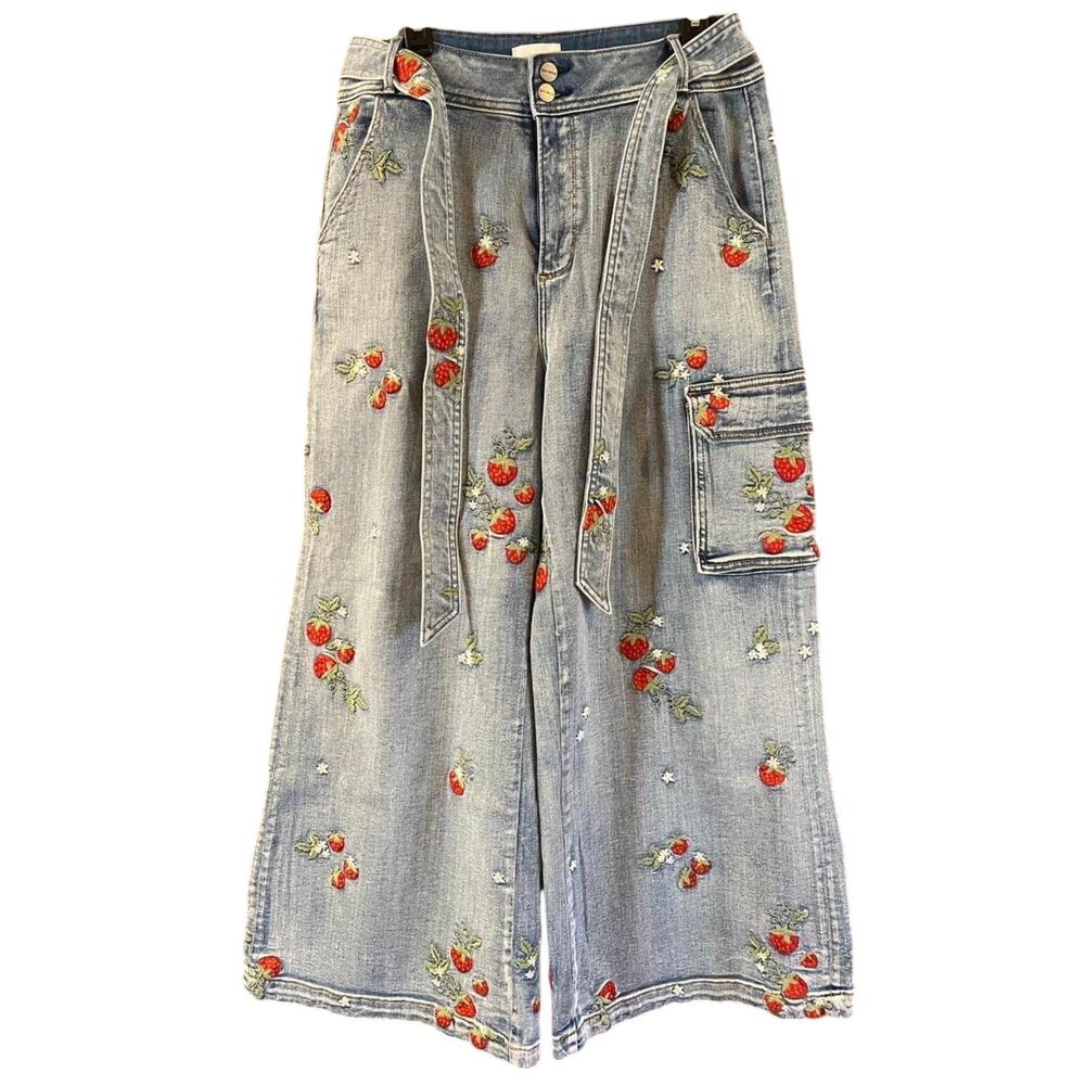 Anthropologie Driftwood Olivia High Rise Cargo Jeans Sz 33 Strawberries Wide Leg